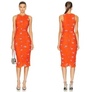 New Ganni Printed Mesh Ruched Sleeveless Midi Sun Dress 36/4 Sundress